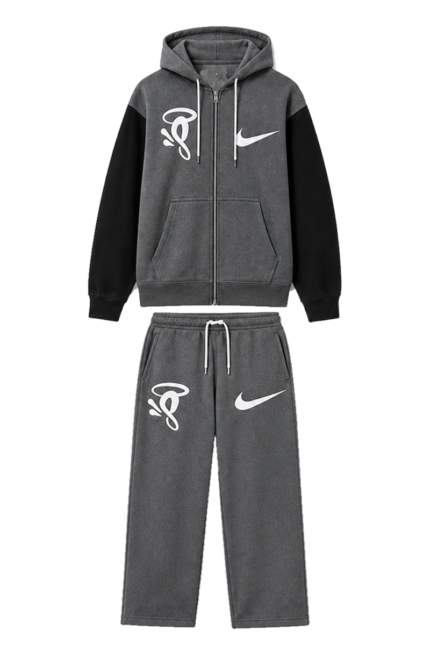 Syna World x Nike Solo Swoosh fleece tracksuit in dark grey heather and black split-tone design