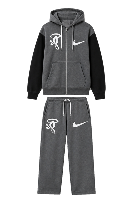 Syna World x Nike Solo Swoosh fleece tracksuit in dark grey heather and black split-tone design